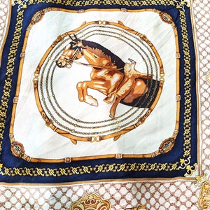 Silk scarf vintage equestrian blue brown white horse unisex China small size
