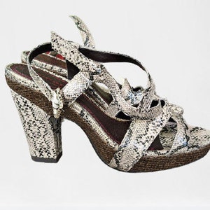 Vintage grey brown sandals heels women shoes snake leather summer platforms gift for her Size 38 EU/ 7.5 US/5 UK