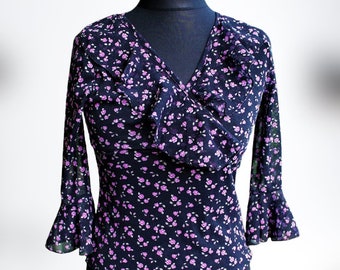 Black vintage blouse top floral pink women Size S