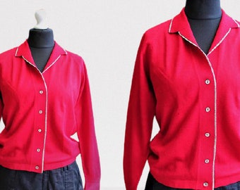 Red vintage cardigan sweater women 60s clothing retro with buttons Size M L