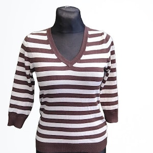Vintage striped blouse top brown white sailor women size S M