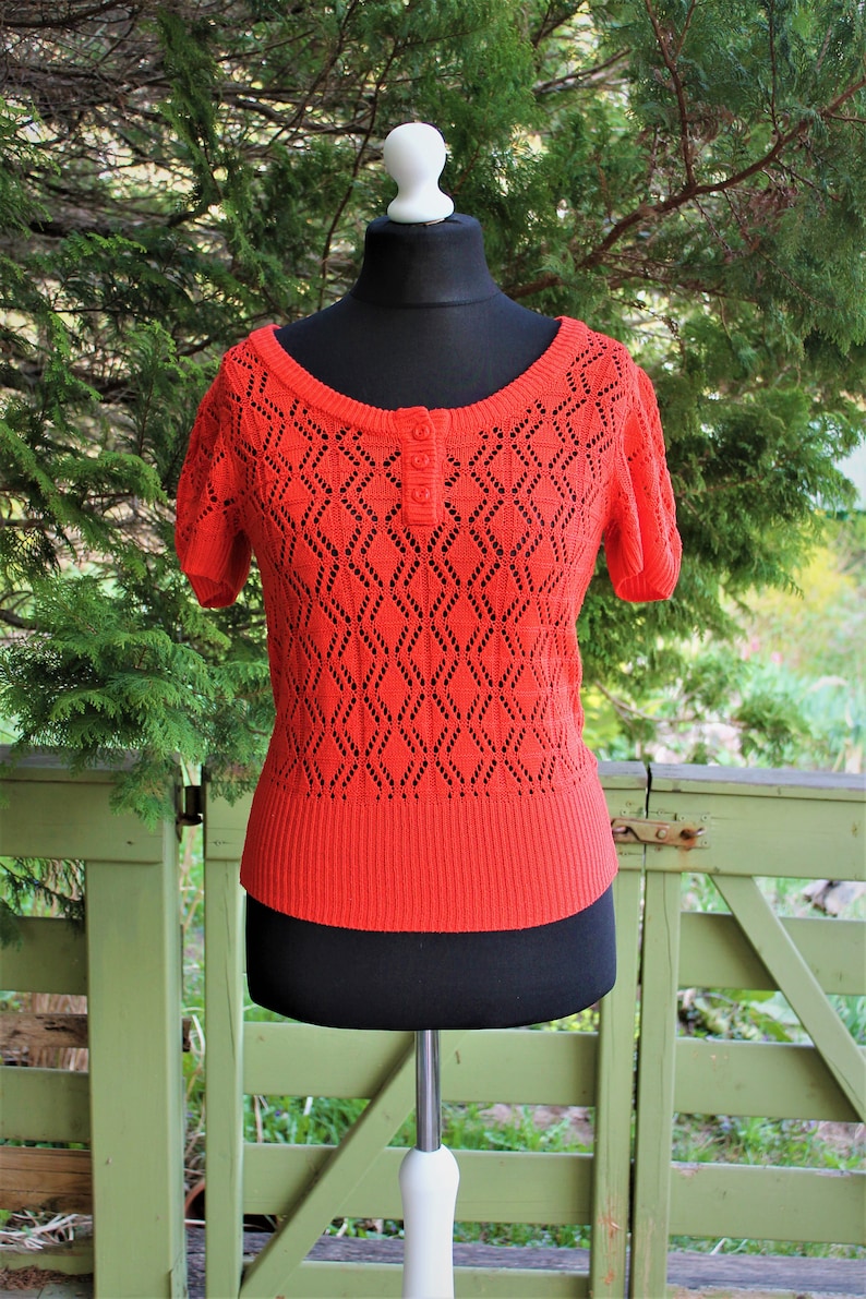 Blouse orange knitted women vintage summer top sweater Size M L