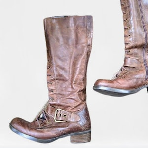 Brown knee boots shoes leather laced women small size 36 EU/ 6 US/ 3.5 UK