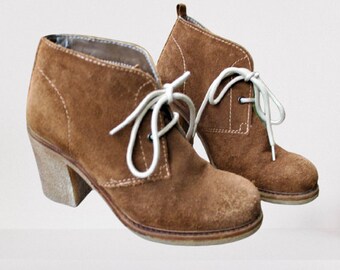 Brown suede leather ankle vintage boots women shoes medium heels Tamaris beige Size 37 EU/ 4 UK/ 6.5 US
