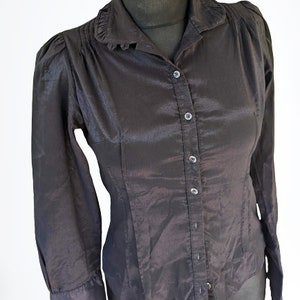 Black vintage blouse women romantic top shirt button down Size M L
