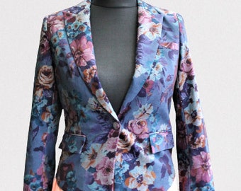 Jacket Woman vintage classic blue business flowers office with button size M blazer