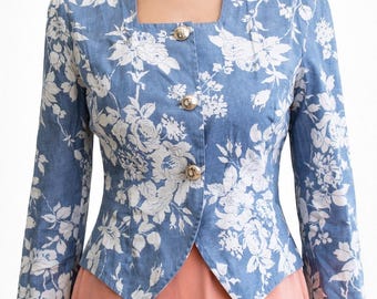 Jacket blue white floral flowers women vintage 90s summer clothing blazer