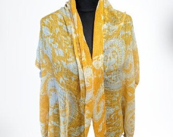 Vintage yellow scarf white women summer shawl wrap abstract floral