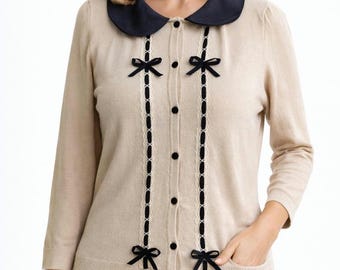 Cardigan beige vintage women black collar sweater with black ribbon Size M L