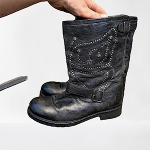 Zwarte laarzen leren grunge vrouwen met klinknagels biker Maat 37 EU / 4 UK / 6.5 US