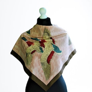 Vintage scarf brown ducks beige hunters birds accessory women 70s gift for her