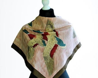 Vintage scarf brown ducks beige hunters birds accessory women 70s gift for her
