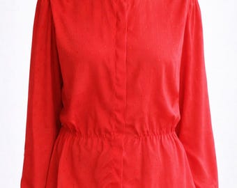 Blouse red vintage 1980s women long sleeves top shirt gift for her Size M L
