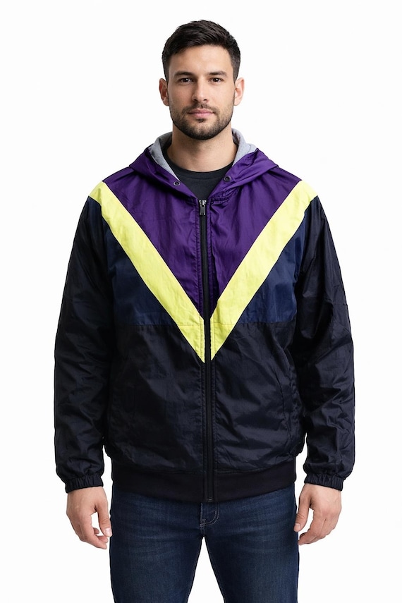 Black Purple Yellow Jacket Vintage 80s Block Hooded 90s Jack and