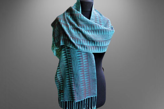 Blue brown pashmina vintage scarf unisex ornament… - image 1