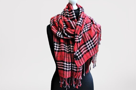 Vintage red white black scarf plaid square with f… - image 1