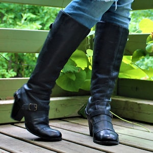 Zwarte lange leren laarzen schoenen vrouwen cowboy stijl hakken comfortabel Maat 40 EU / 6.5 UK / 9 US
