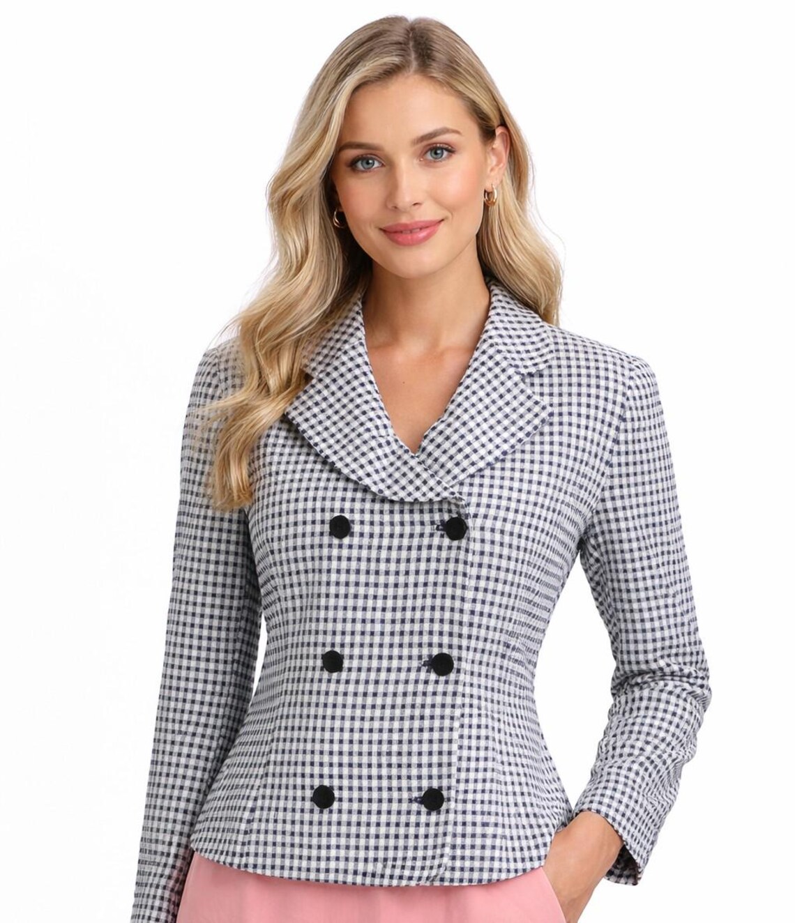 Jacket female plaid white blue double closure buttons long sleeves vintage classic 90s cotton summer blazer, Foto 1 von 5