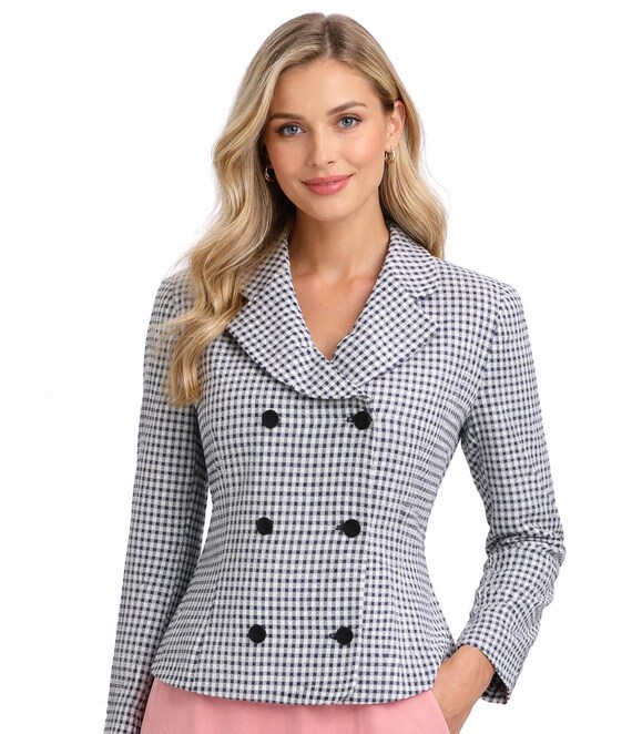Jacket female plaid white blue double closure buttons long sleeves vintage classic 90s cotton summer blazer