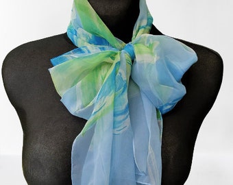 Vintage green blue summer chiffon scarf women abstract gift for her