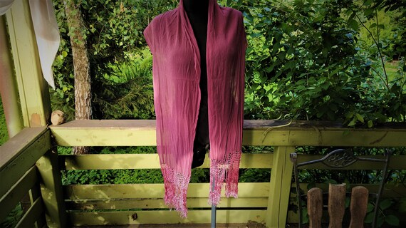 Vintage Pink scarf with fringes dark ash rose pur… - image 3