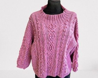 Vintage pink knitted sweater women cabled oversize