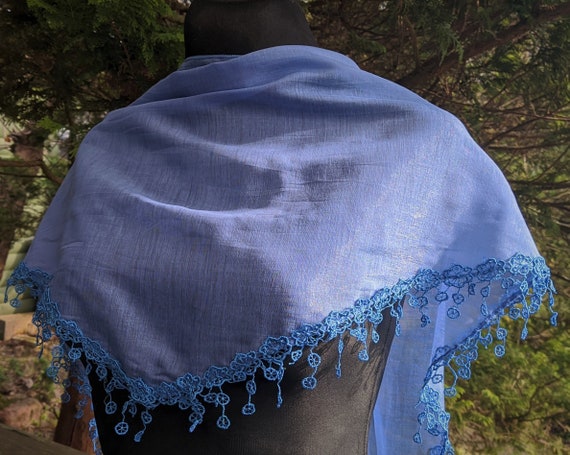 Vintage blue triangle scarf with fringes women gi… - image 4