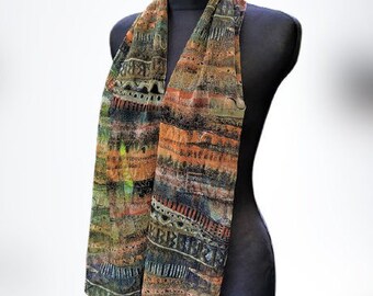 Vintage brown scarf summer chiffon green abstract women gift for her