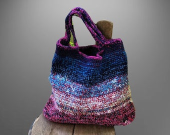 Purple bag market crochet pink blue shabby shic upcycling recycling women reworked wearable art zero waste gift for her