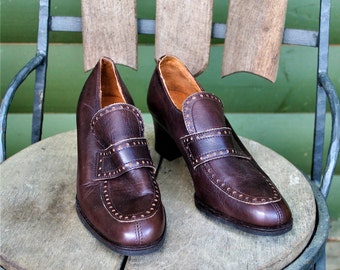 Shoes brown vintage women leather medium heels pumps oxford 2 Size 38-39/ 5-6UK/ 7.5-8.5US/24.5-25 cm/9.6&quot;- 9.8&quot;