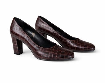 Zapatos vintage de tacón marrón con relieve para mujer, de piel, talla 8.5 EE. UU./ 39 UE/ 6 Reino Unido