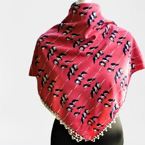 Vintage scarf pink with birds blue white women with fringes gift for her Christmas