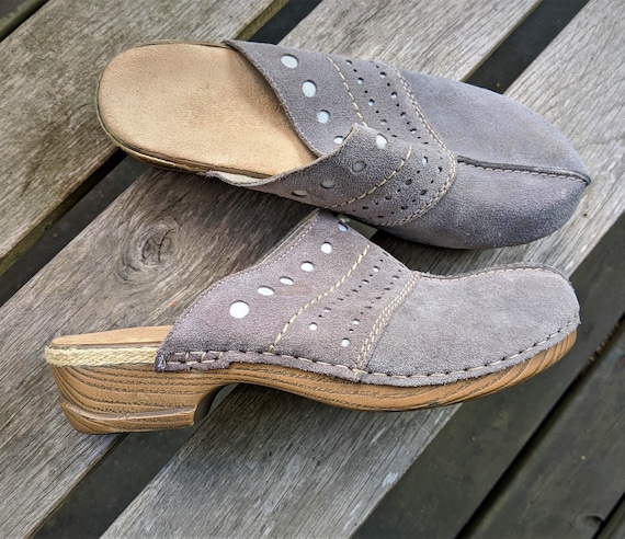 Vintage grey suede leather shoes clogs mules slip… - image 2