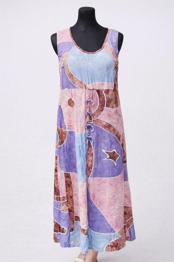 Pink vintage dress violet purple batik blue brown abstract handmade women summer sleeveless Size S