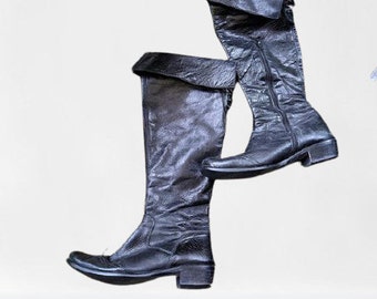 Schwarze Stiefel über Knieleder Schuhe Bootforts Damen Vintage Gr. 40 EU/ 9 US/ 6,5 UK