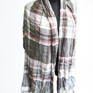 Sciarpa vintage grigio bianco rosa vintage squadrata con frange di cotone unisex