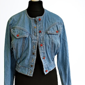Jeans blue jacket vintage women bomber with red buttons 1980s Size M 38 12 blazer
