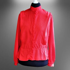 Blouse red vintage 1980s women long sleeves top shirt gift for her Size M L
