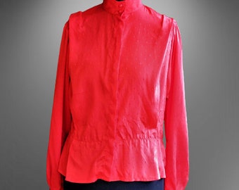 Blouse red vintage 1980s women long sleeves top shirt gift for her Size M L