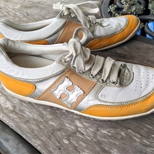 Vintage white yellow leather shoes women tie sneakers Hogl soft comfy Size 4.5 UK/ 7 US/ 37.5 EU