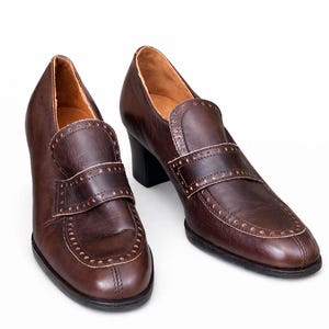Shoes brown vintage women leather medium heels pumps oxford 2 Size 38-39/ 5-6UK/ 7.5-8.5US/24.5-25 cm/9.6"- 9.8"