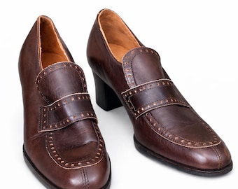 Shoes brown vintage women leather medium heels pumps oxford 2 Size 38-39/ 5-6UK/ 7.5-8.5US/24.5-25 cm/9.6"- 9.8"