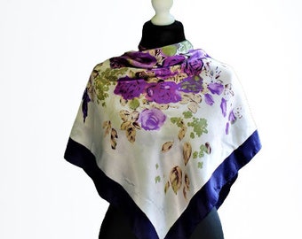 Vintage blue purple white scarf floral women vtg accessory satin gift for her