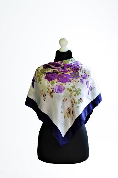 Vintage blue purple white scarf floral women vtg accessory satin gift for her