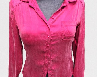 Vintage blouse red wet silk satin shirt top gorgeous Size M