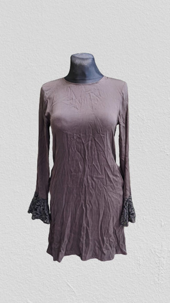 Grey tunic blouse women with lace black silk sati… - image 1