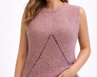 Pink mohair vest wool hand knitted vintage sweater warm winter women Size M L