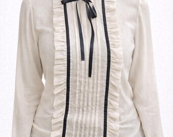 White beige vintage blouse black shirt women long sleeves top gift for her Size S Vero moda