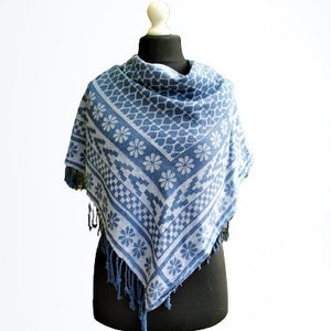 Blue cotton scarf women unisex fringed accessory ornamented gift for her him