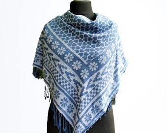 Blue cotton scarf women unisex fringed accessory ornamented gift for her him